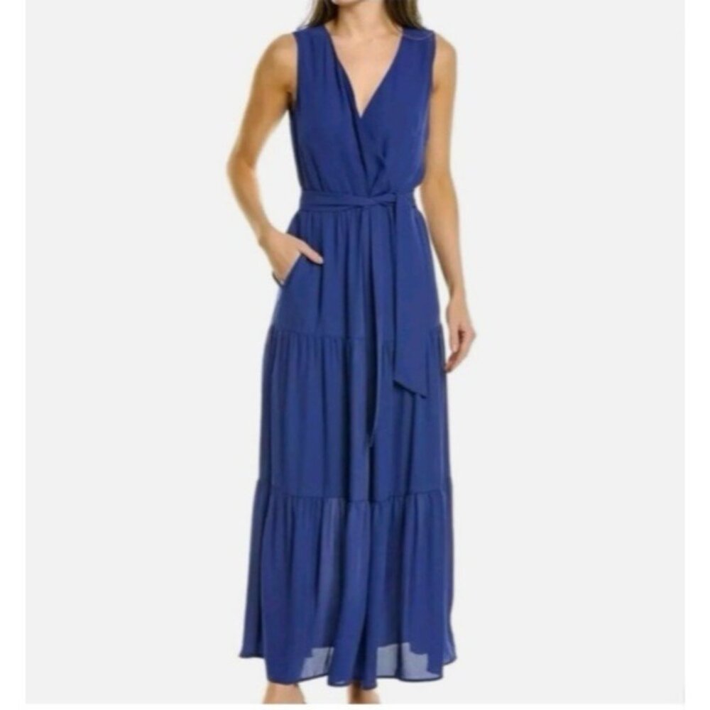 J. McLaughlin Maxi Lavinia Dress 8 Medium Blue Tiered Sleeveless V Neck Washable